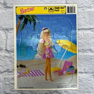 Vintage Golden Barbie Frame Tray Puzzle Beach Ocean 11x8.25"
